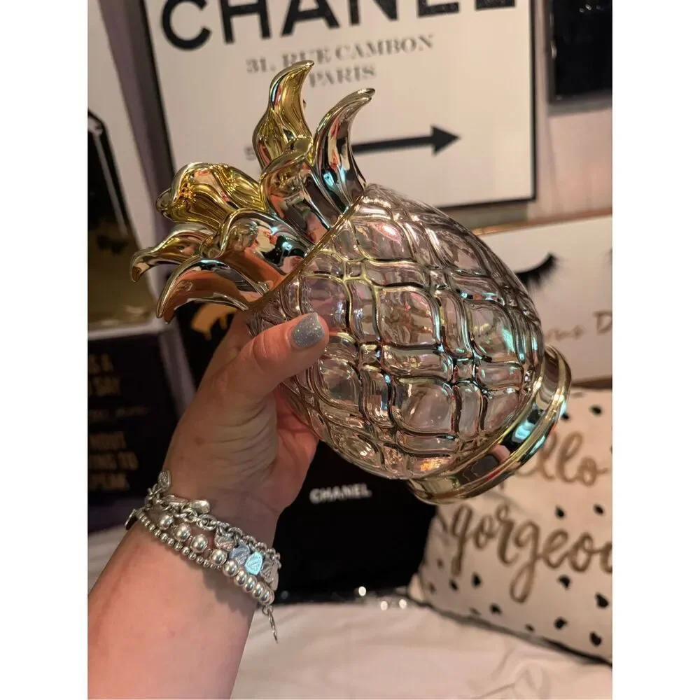 Bath & body works chalice pedastal candle holder pineapple fruit gold glass - Picture 3 of 10